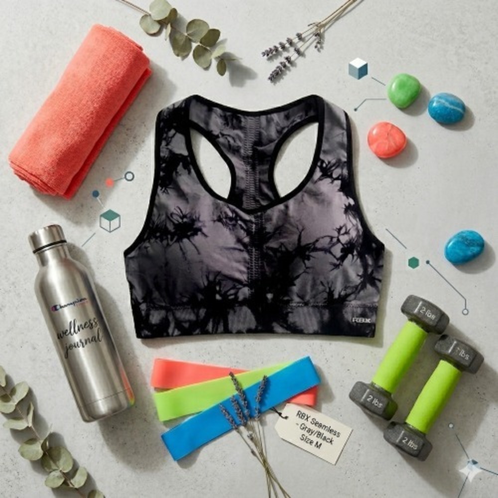 RBX Active Seamless Tie‑Dye Racerback Sports Bra‎ Gray Black Size M